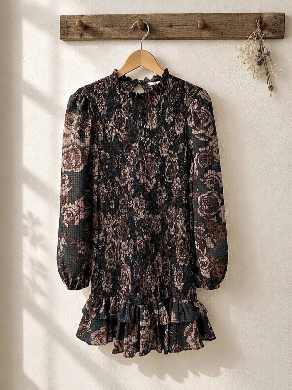 Zara Floral Smocked Mini Dress in Black & Brown Size Medium Like